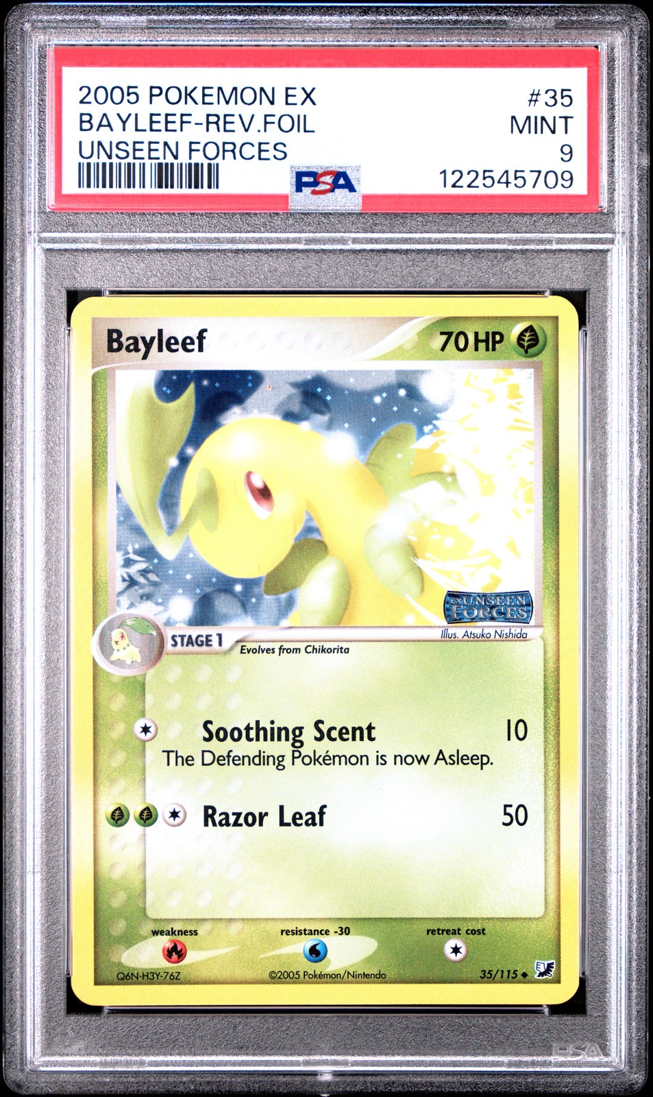 2005 POKEMON EX UNSEEN FORCES #35 BAYLEEF-REVERSE FOIL PSA 9