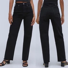 Everlane The Way High Straight Leg Jeans In Black Raw Hem SIZE 25