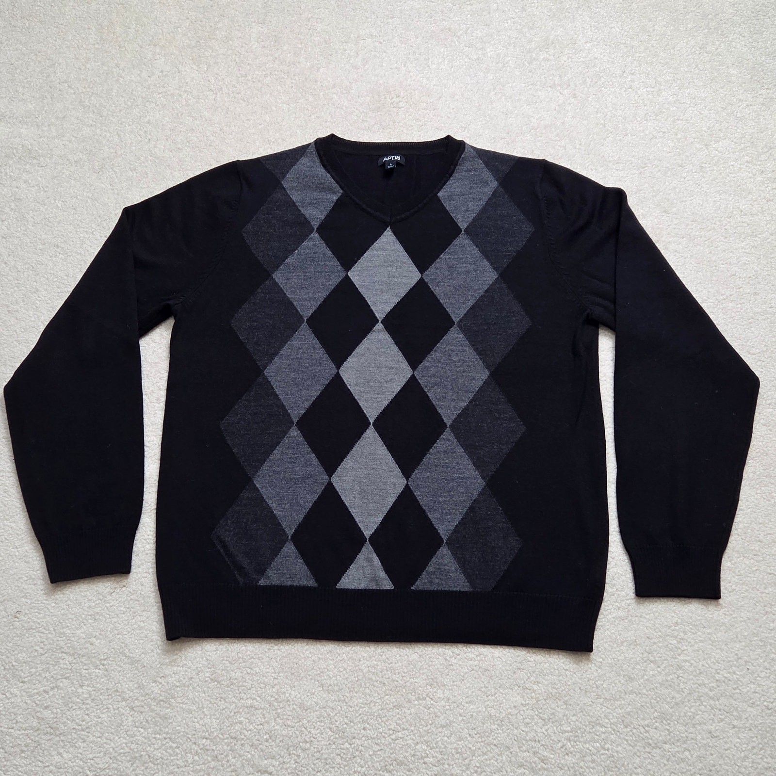 EUC Men's Apt 9 Lg Wool Blend Pullover Argyle Crew Neck Sweater Black Gray