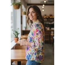 John Mark Womens Floral Embroidered Blouse Shirt Top M Viscose Rayon