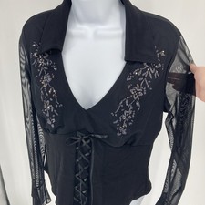 Womens Y2K Witchy Whimsigoth Top Sz L/XL Black Long Sleeve Corset Bead Babydoll