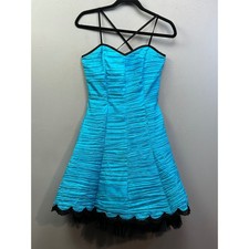 Jessica McClintock Gunne Sax Dress Womens 5 Blue Black Pleats Lace Trim Prom 80s