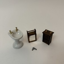 Vintage 1:12 Doll House Bathroom Lot Porcelain Sink Mirror Wooden Hamper
