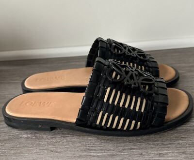 Women Black Loewe Anagram Woven Slide Sandals Designer  display picture 1