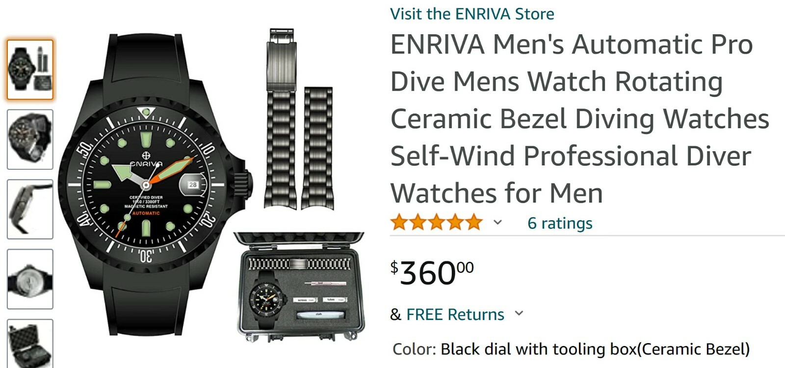 ENRIVA Pro Dive Auto Watch, Sapphire Crystal, Rotating Ceramic Bezel