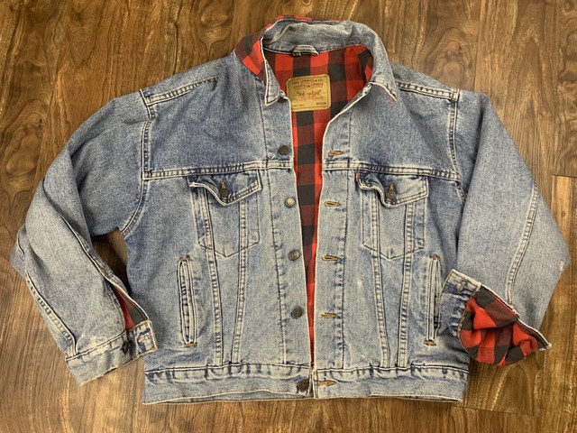Vintage Levis Buffalo Plaid Lined Trucker Denim Jean Jacket Sz M Distressed USA | eBay