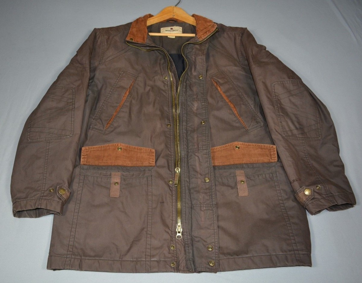 Woolrich Men's Field Coat Oil Cloth Cotton Blend Brown w Corduroy