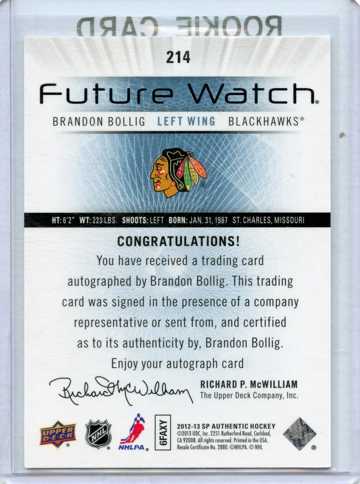 2012-13 SP Authentic #214 Brandon Bollig AU RC 75/999 - Image 2 of 2