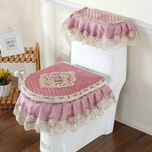 3Pcs/set Toilet Seat Cover Tank Cover Zipper Toilet Decor Lace Lid Pads Home New - Picture 1 of 23