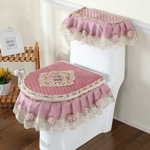 3Pcs/set Toilet Seat Cover Tank Cover Zipper Toilet Decor Lace Lid Pads Home New - Picture 1 of 18