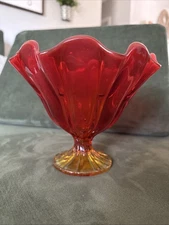 VTG LE Smith Art Glass Bowl Vase Red Orange Amberina Handkerchief