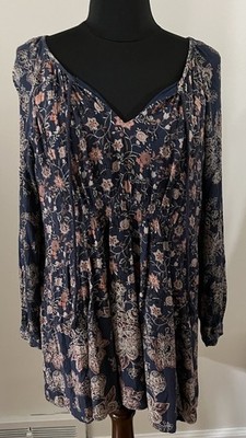 Free People Lucky Loosey Blue Floral Boho Tie Neck Tunic Mini Dress Size Small 