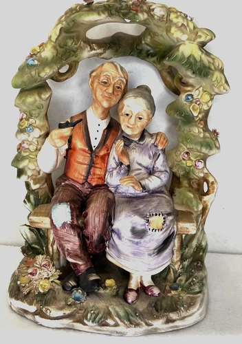 Norleans Japan Figurine Old Couple Sitting on Bench Porcelain Bisque - Arch over