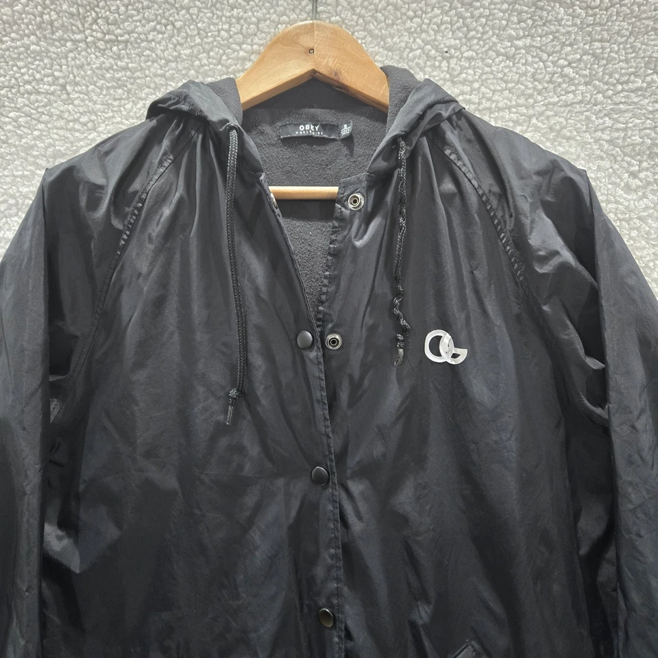 Obey Worldwide Adult Small Black Skater Button Up Hooded Windbreaker Jacket - Image 2 of 4