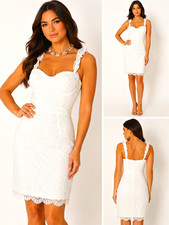 GUESS S White Floral Lace Sweetheart Sheath Knee Dress Ruffle Straps Zipper