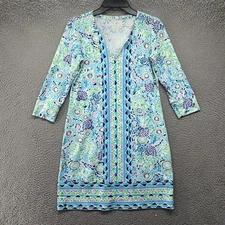 Lilly Pulitzer Dress Womens Small Blue Green Geometric Floral 3/4 Sleeve Tunic