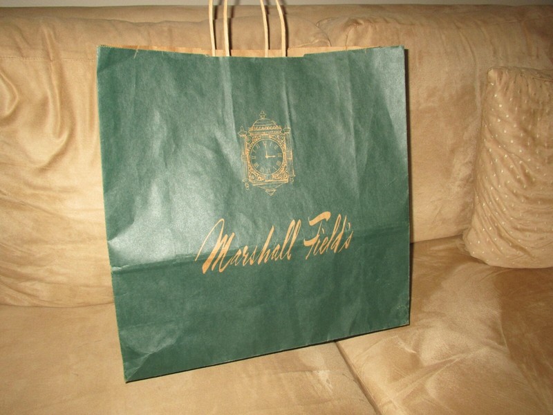 Marshall Field's Green paper Bag with Brown Handles with Gold Clock