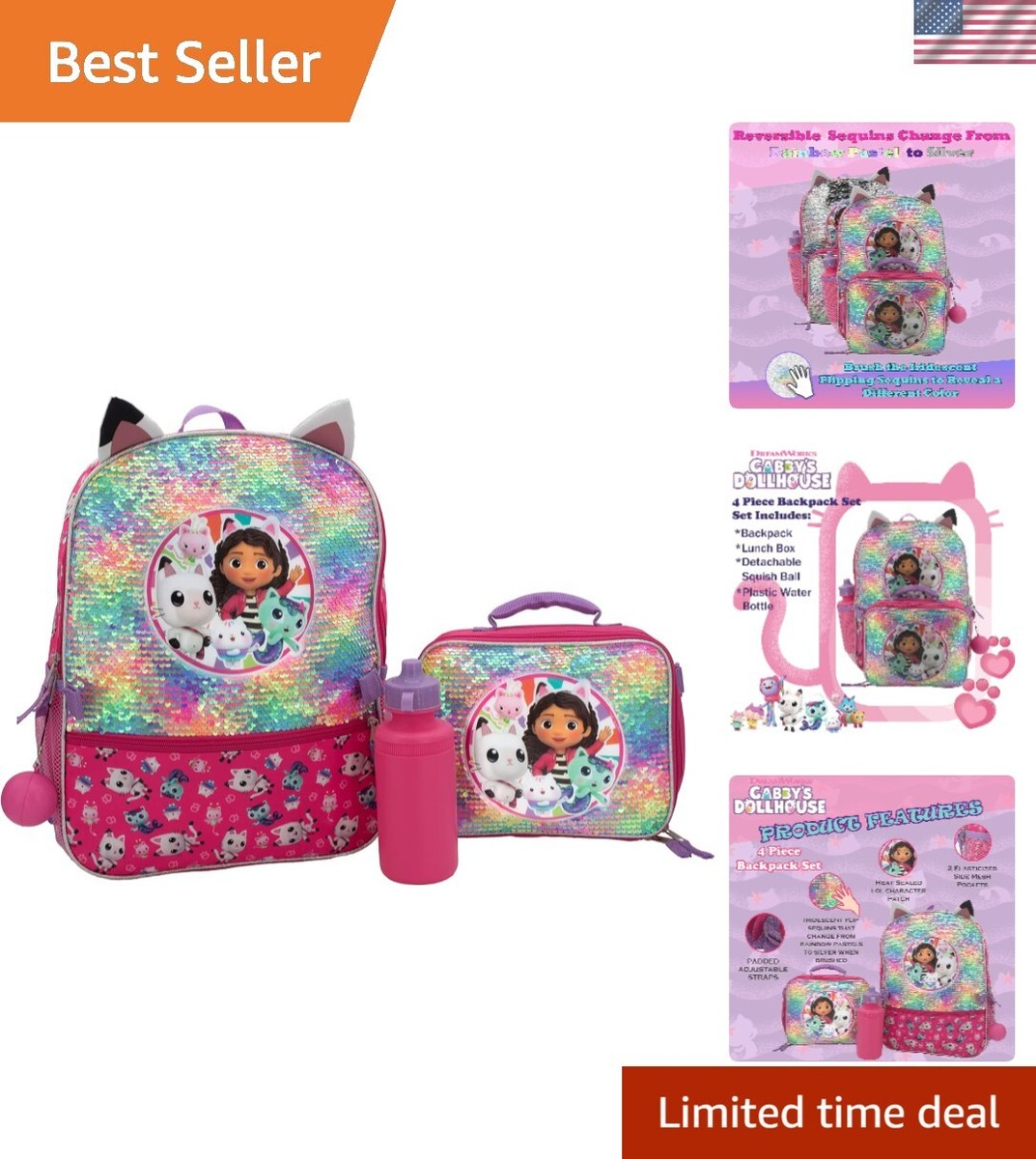 Gabby's Doll House Piece Backpack Set, Flip Sequin 16