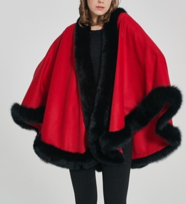 Red Cashmere Cape Wrap Shawl with Fox Fur Trim New 