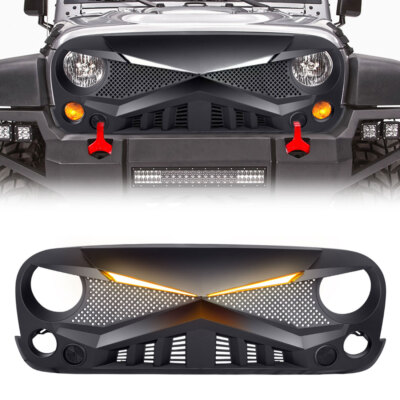 Front Matte Black Hawke Grille W/DRL Lights For 2007-2018 Jeep