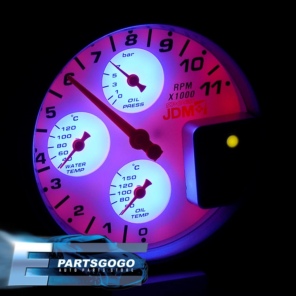 Universal 5" JDM 4-in-1 11k Oil Water Temp Gauge Cluster Tach Tachometer White - Image 4 of 4