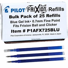 Pilot Frixion Pen Refills P1afx725blu, Bulk Pack of 25, 0.7mm Fine, Blue Gel Ink