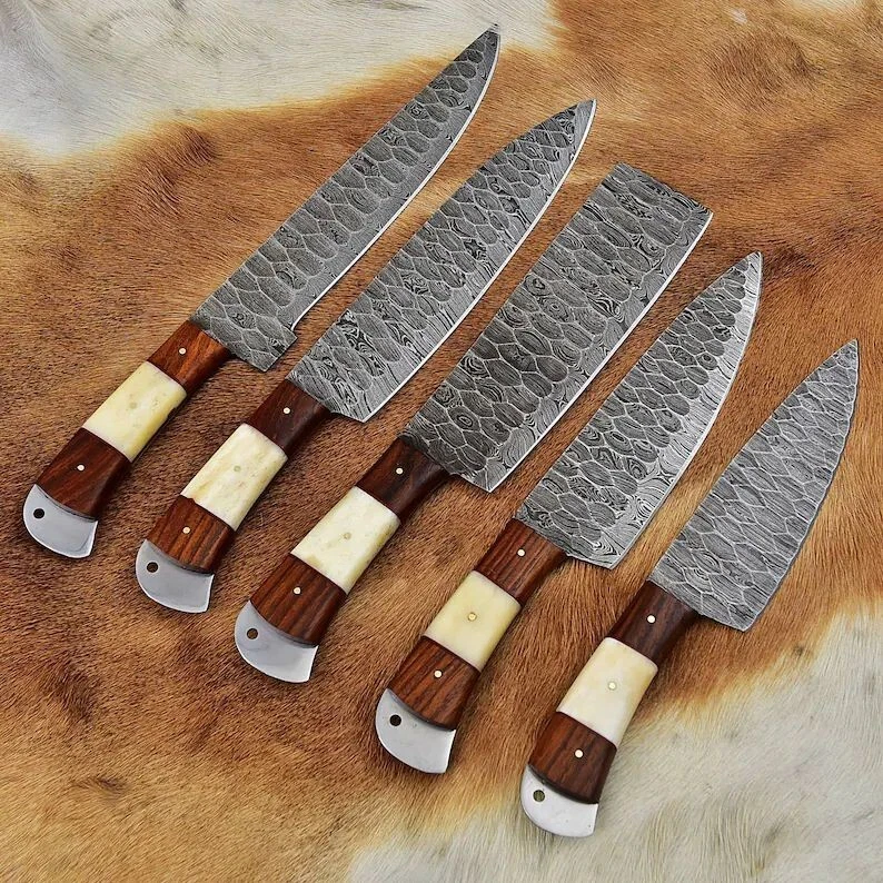 Beautiful Hand Forged Damascus Steel Chef Set, Kitchen Set, Kitchen Knife Set
