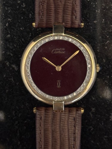 Cartier Must De Cartier Vendome 29mm Rare Burgundy Dial w Diamonds Gold Plated