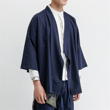 Mens Ethnic Kimono Japanese Retro Jacket Linen Cotton Kungfu Top Cardigan Casual