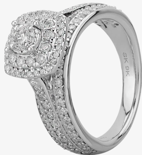 9ct White Gold Ring 1.00ct Diamond Fancy Shouldered Square Halo Cluster BOXED - Picture 8 of 9