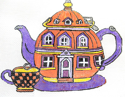 Needlepoint Canvas American Fairytale Houses Teapots #3 on 16 ct Handpainted