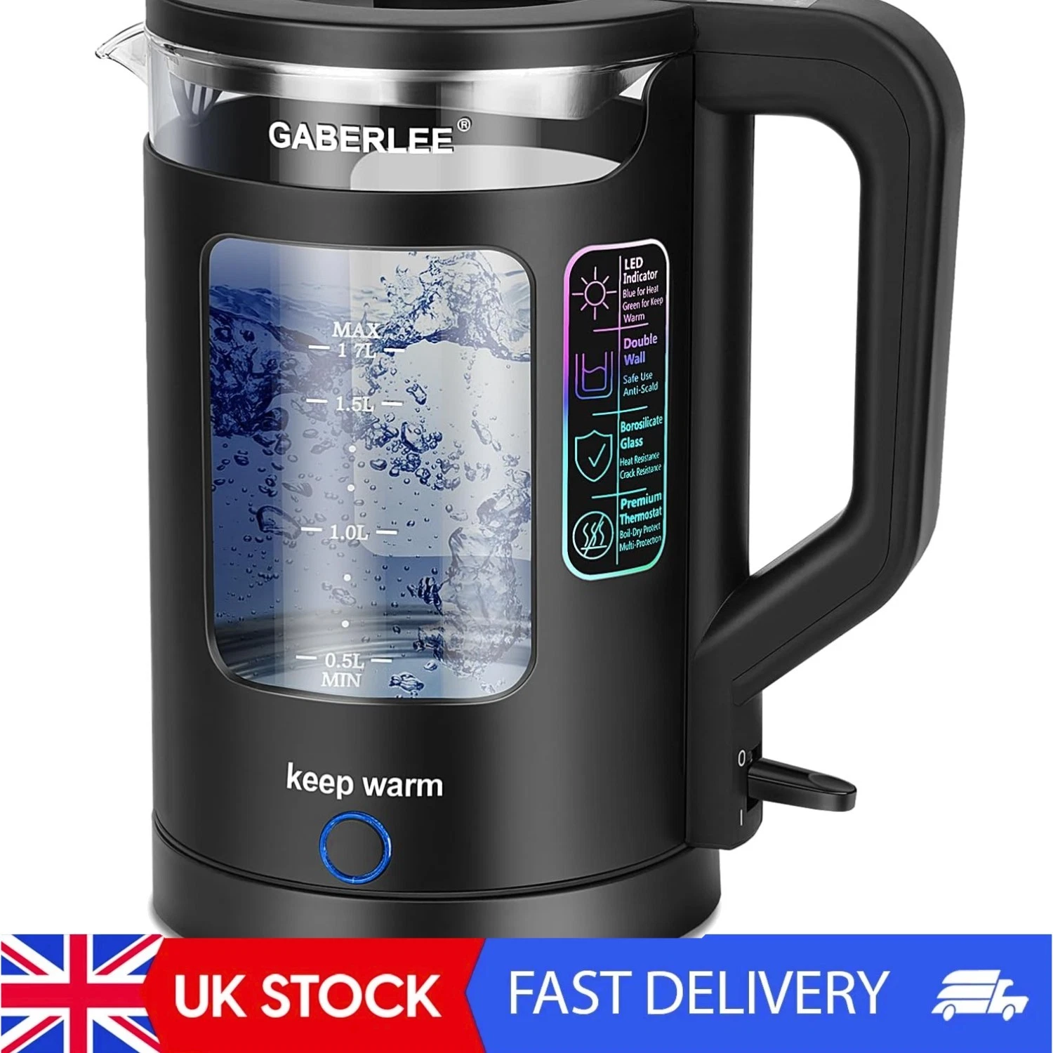 Borosilicate Glass Electric Kettle, 3000W with Blue LED & Anti-Limescale Filter