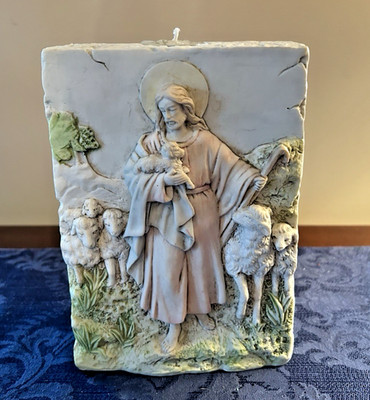 SFI The Good Shepherd Christ with Sheep Stone Look Bas Relief Tea Candle Holder