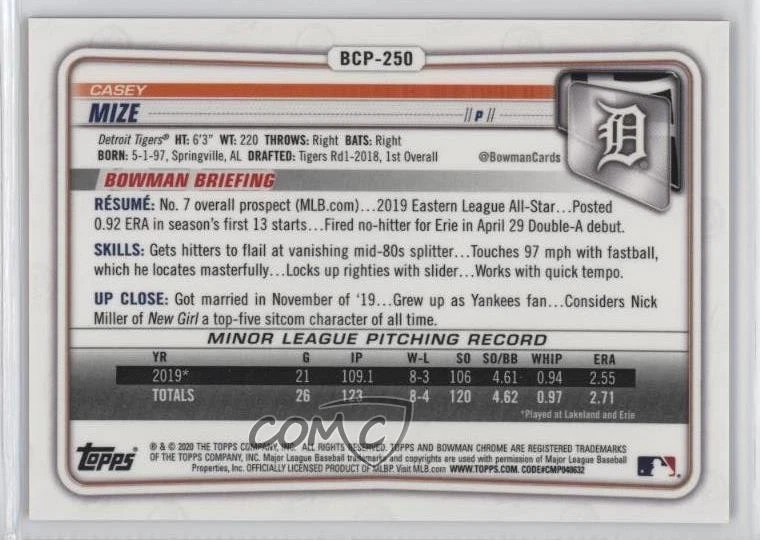 2020 Bowman Chrome Prospects Red Shimmer Refractor /10 Casey Mize #BCP-250 - Image 2 of 2