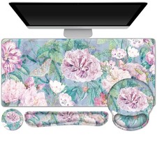 Large Mouse Pad Keyboard Wrist Rest 4in1 Gaming Set Desk Mat Retro Flowers