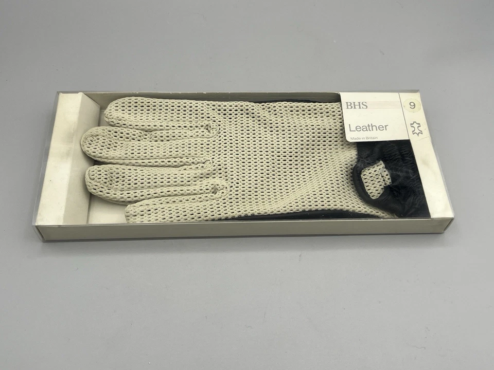 Vintage Men’s BHS Black Leather & Fabric Driving Gloves Size 9 Unused In Box - Image 3 of 4