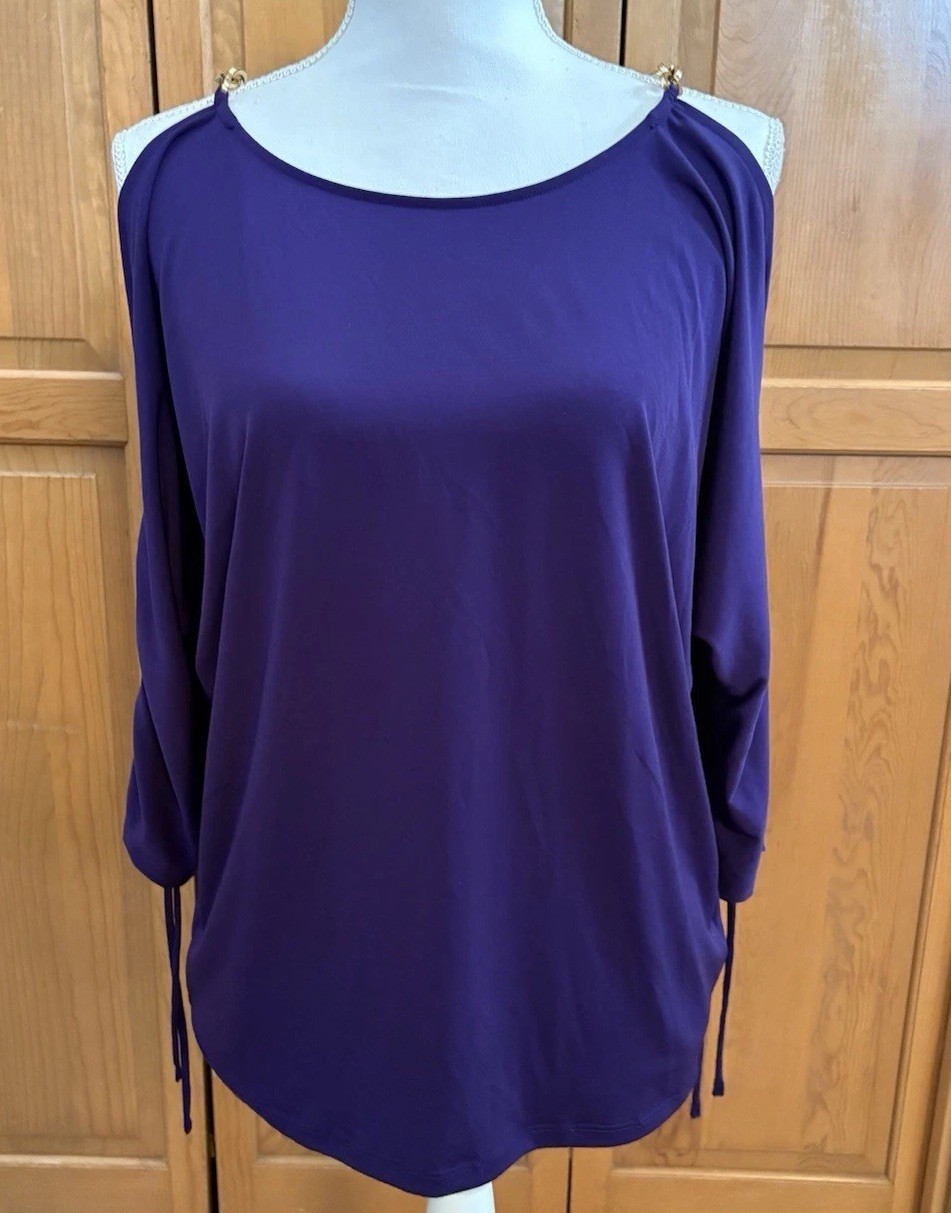 Michael Kors Purple Cold Shoulder Top with Gold Chain Accents Size Medium NWOT