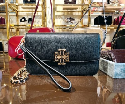Tory Burch Britten Black Pebbled Leather Crossbody Shoulder Bag Clutch Wristlet