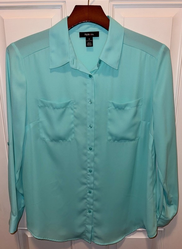 Style & Co Womens Sheer Polyester LS Button Up Solid Turquoise Blouse Shirt M
