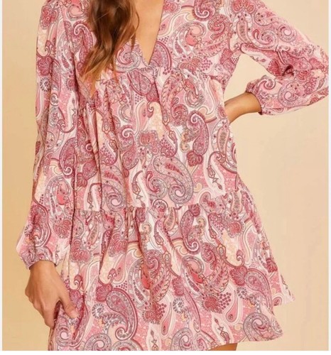 Penelope Rose Tiered Mini Dress Size XL Pink Paisley Print Pockets Lined Tunic
