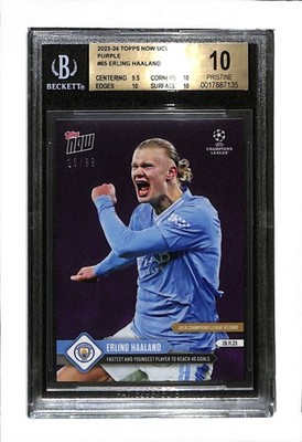 2023-24 TOPPS NOW UCL #65 ERLING HAALAND 13/99 PURPLE PARALLEL! 40 GOALS! BGS 10