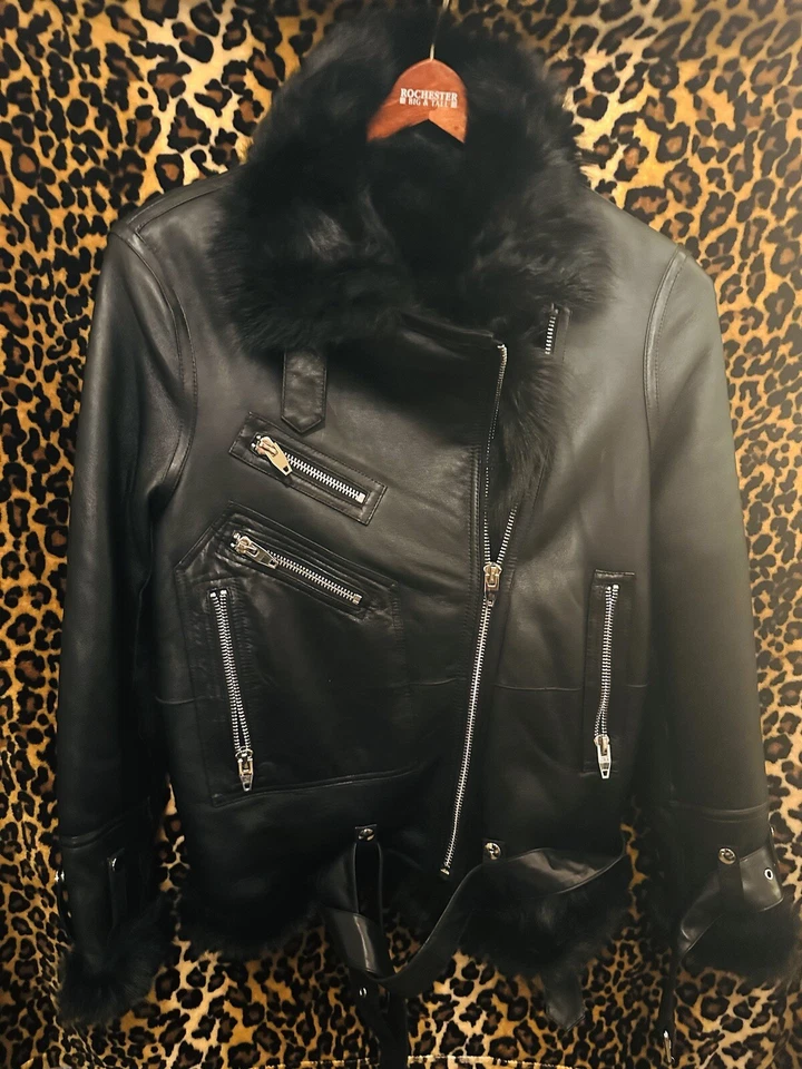 Chaqueta de motociclista de cuero bombardero negra de piel de oveja vintage - talla mediana Foto 4 de 4