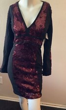 Guess Black Red Sequin V-Neck  Long Sleeve Sheath  Dress Sz 4