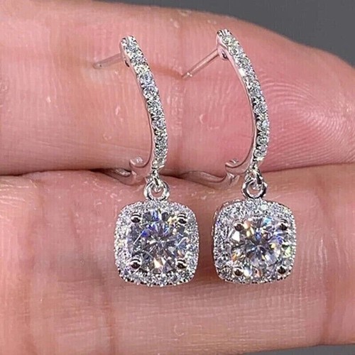 3 Ct Halo Round Cut Diamond Lab-Created Drop/Dangle Earrings 14K White Gold Over - Picture 2 of 2