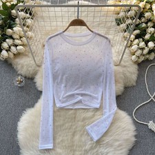 Lady Slim Sequin Mesh Top Sheer Shirt Long Sleeve See Through Cropped Tops Fit