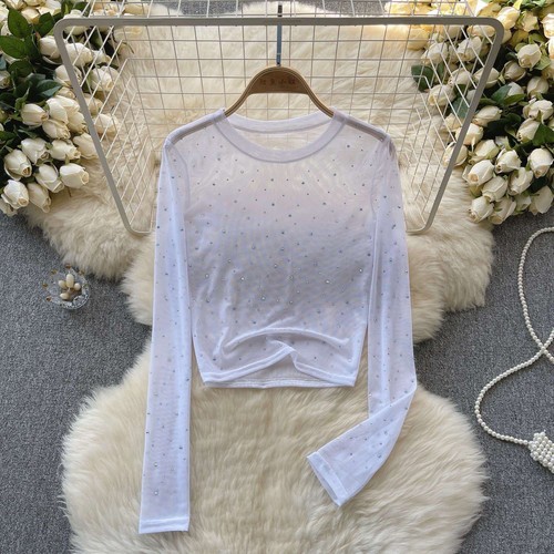 Lady Slim Sequin Mesh Top Sheer Shirt Long Sleeve See Through Cropped Tops Fit - Picture 9 of 12