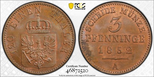 Germany, Prussia, 3 pfenninge 1852-A, Berlin Mint, PCGS MS65BN, Top Pop! - Picture 2 of 4