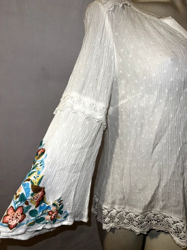 Camisa CHICO'S Top Mediana (1) Off White Encaje Punto Suizo Gasa con Bordado Cuentas Foto 3 de 4