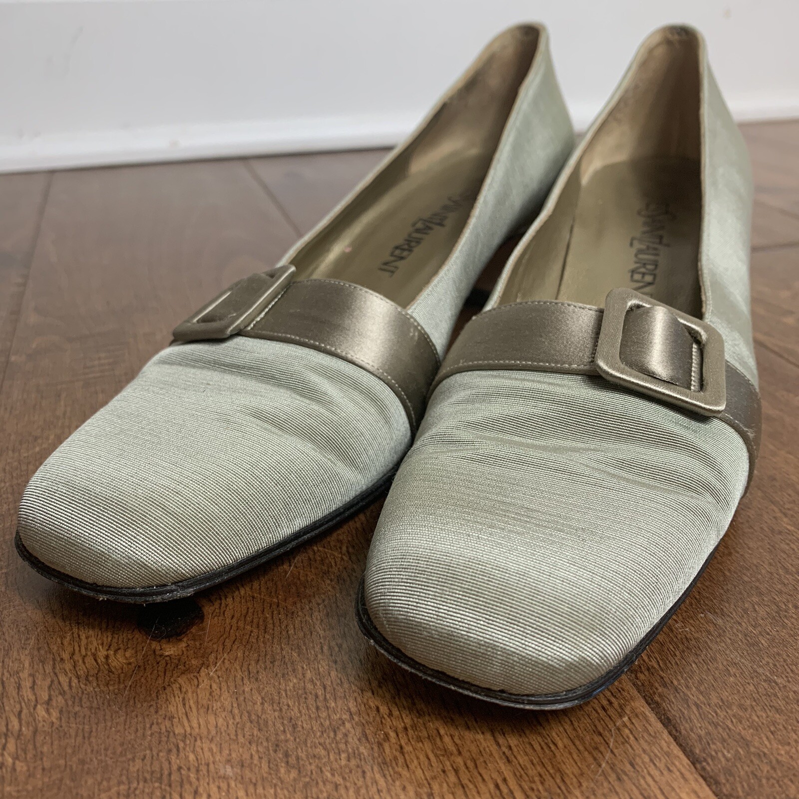 YVES SAINT LAURENT SCARPE DONNA TACCO verde salvia raso POMPA blocco fiocco TAGLIA 7 5 N