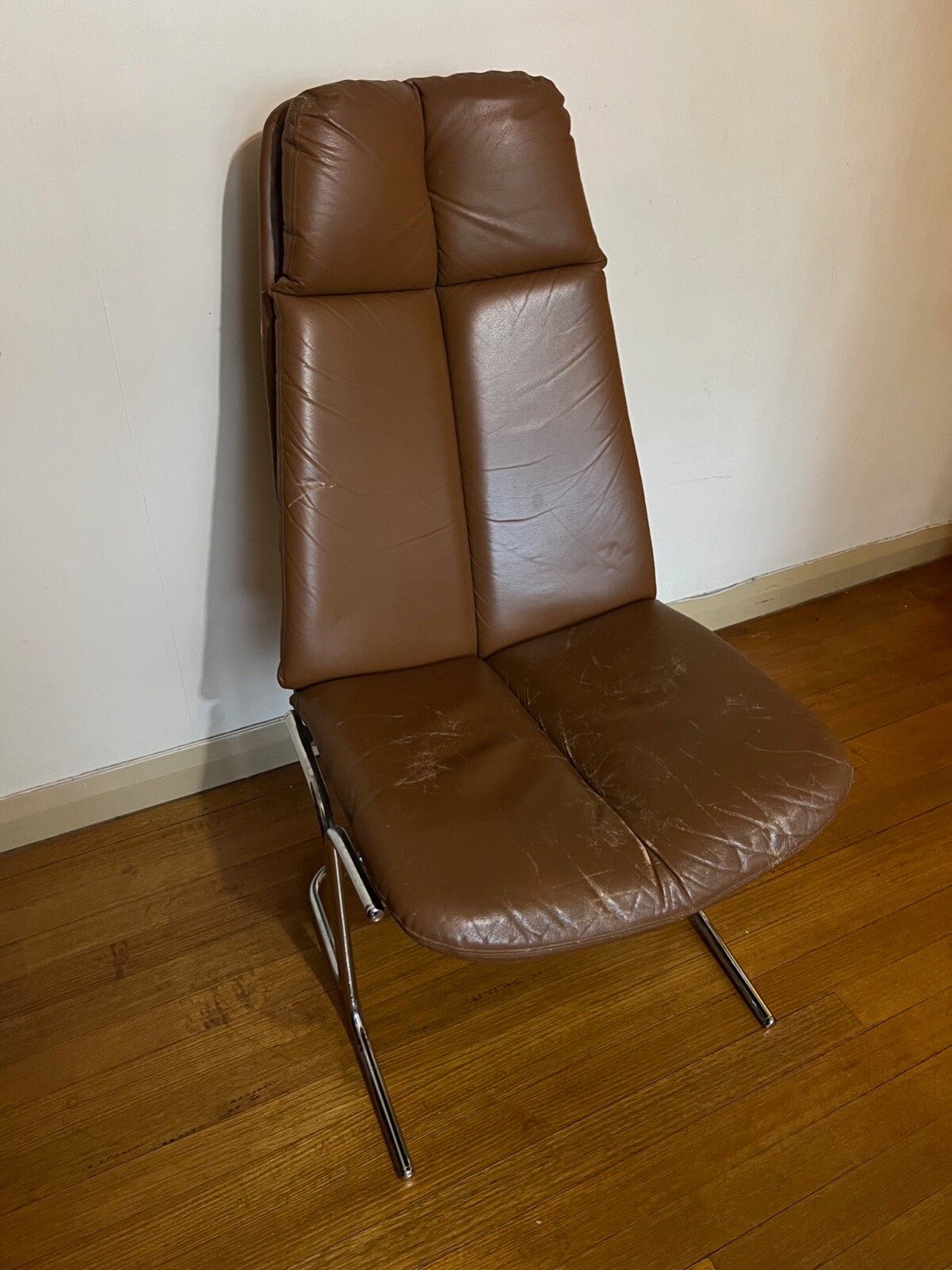 6 x Vintage Pieff Brown Leather & Chrome Eleganza dining chairs set by